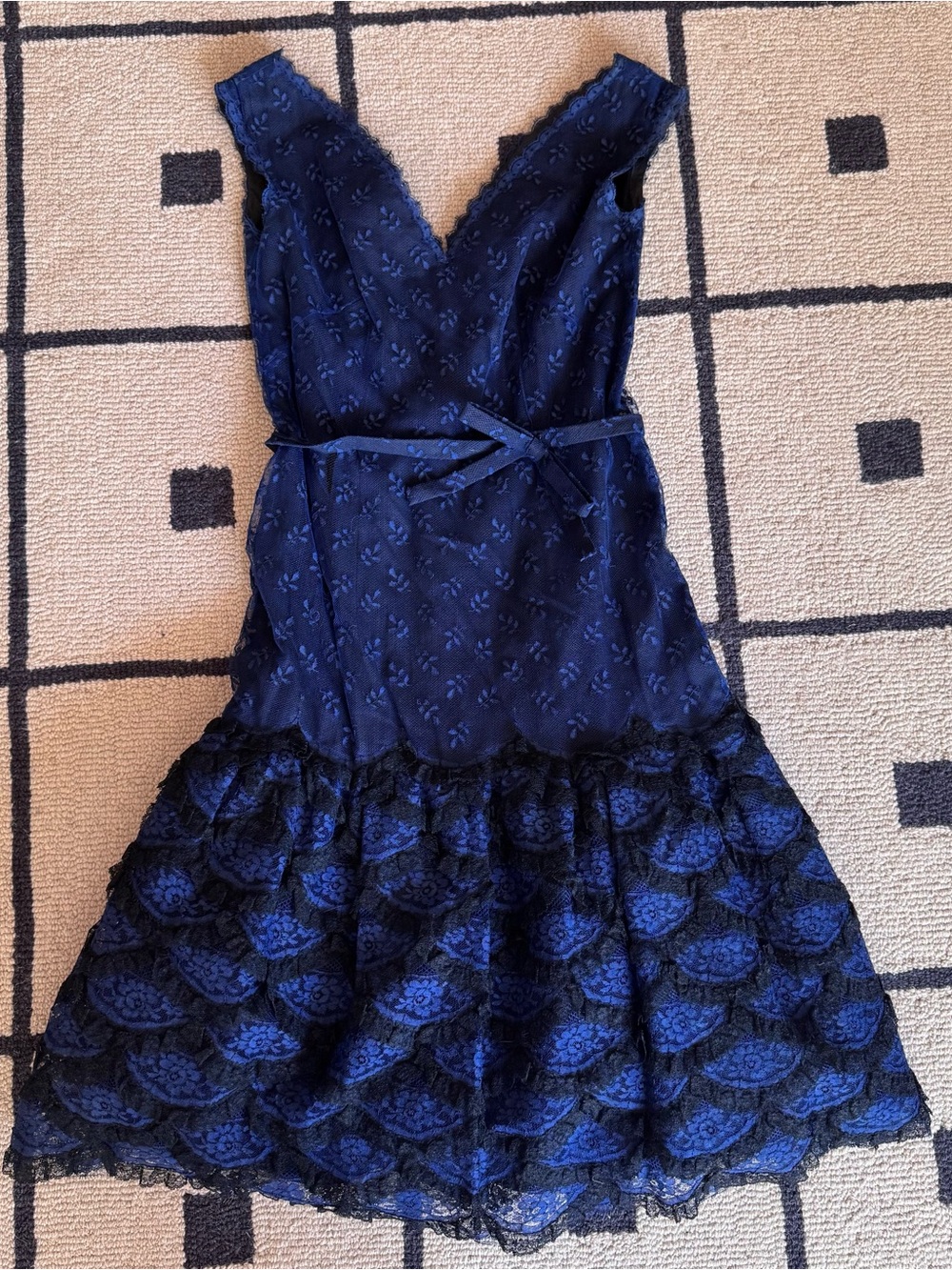 Vintage 60’s scalloped blue & black lace belted drop waist custom made dress
